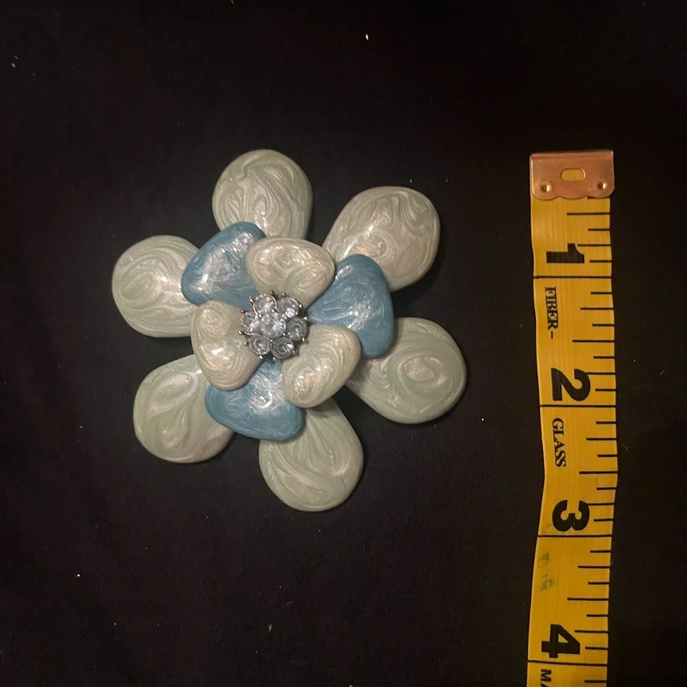 Vintage Large Blue and Green Enamel Flower Brooch with Blue Rhinestones